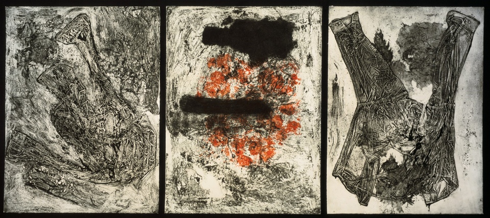 Three photolithograph and collagraph panels of black and white shapes with red shapes in the center panel