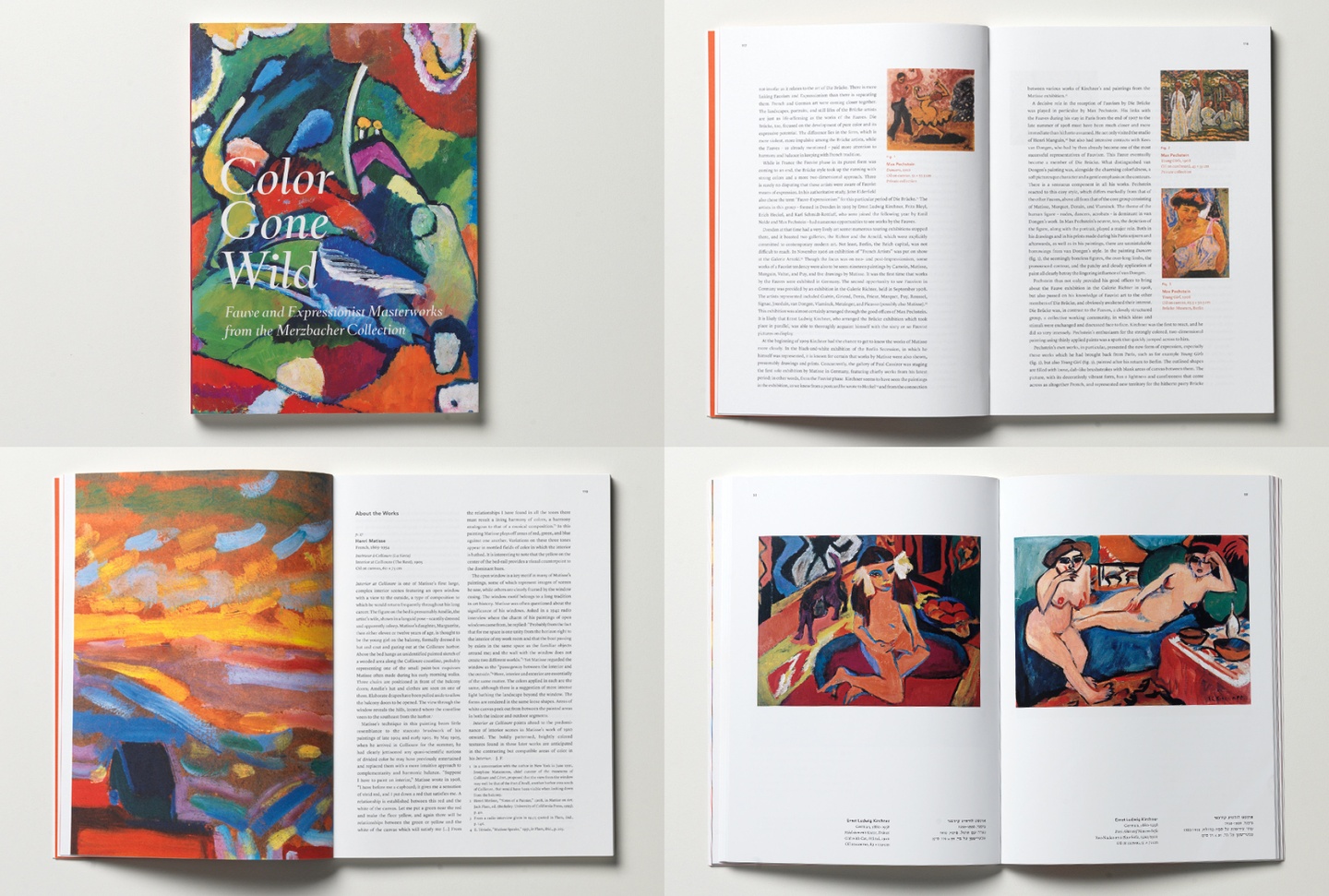 A book with a colorful cover and photographs of artworks within: the title reads "Color Gone Wild" with smaller text "Fauve and Expressionist Masterworks from the Merzbacher Collection", the inner cover a bright orange-red hue.