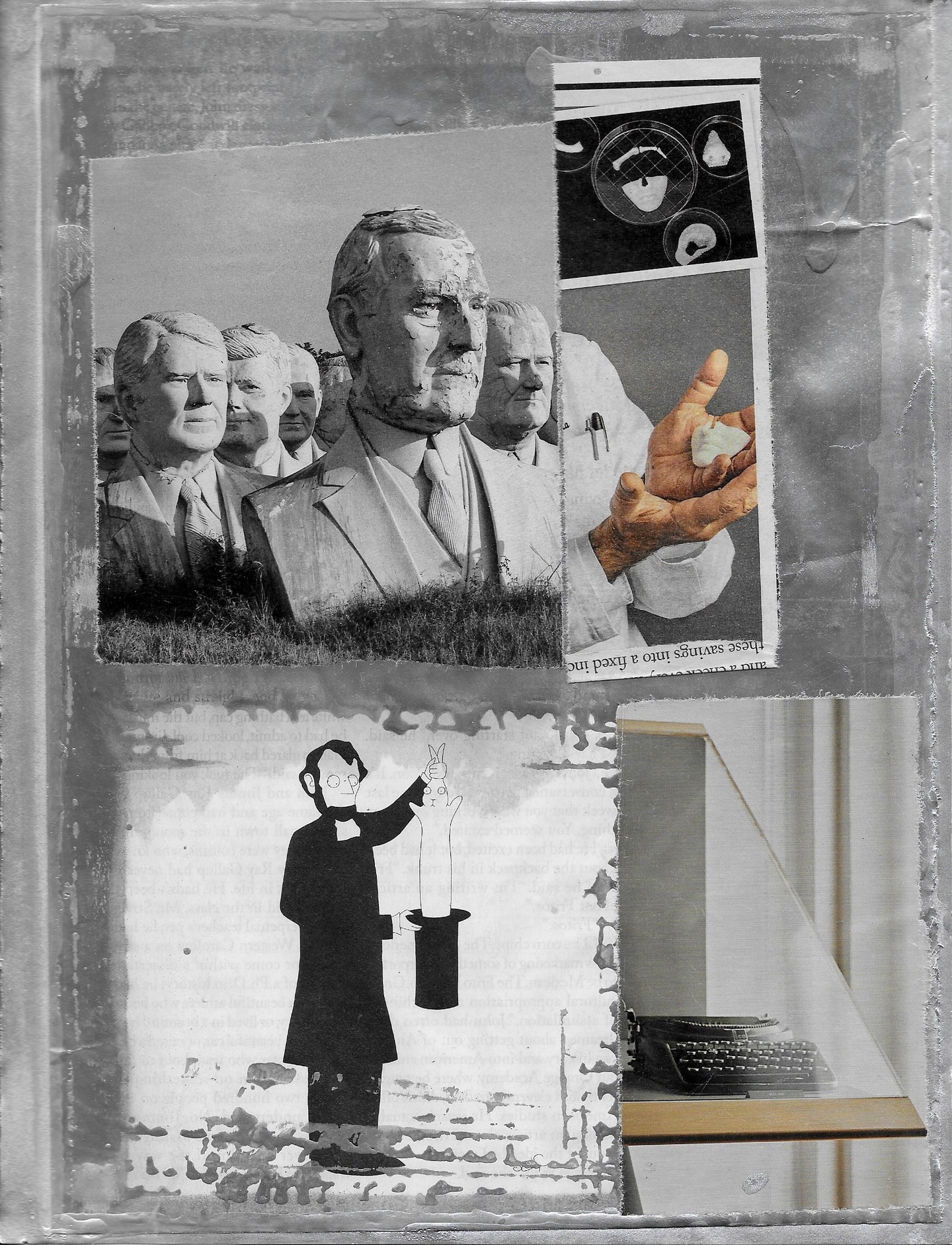 On a textured, gray ground, a collage: massive sculptures — busts — of men in suits, all looking to the right; a scientific/microscopic image of Petri dishes; a person with open hands, holding a fragment of a sculpture; an illustration of Abraham Lincoln pulling a rabbit out of his topcoat; a photograph of a typewriter under slanted glass. The first three are positioned together to the top and the latter two tiled side by side, so that the hands cradling the sculpture fragment appear to protrude from the mass of large-scale busts of the men.