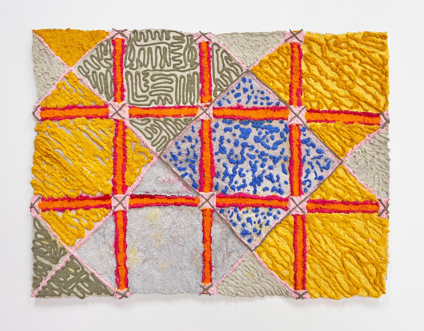 coloring yellow, green, and blue blocks under orange lines like a quilt 