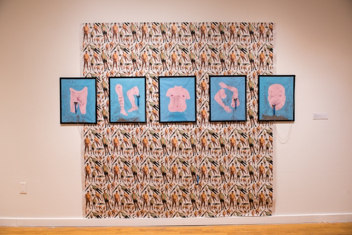 Five framed prints in pale blue and pink depicting different body parts - a groin, legs, a torso, arms, and head. Safety razors are included with each to shave hair off of the prints. These are hung on a large square of wallpaper with a repeating pattern created using several images of the same person, dressed and nude.