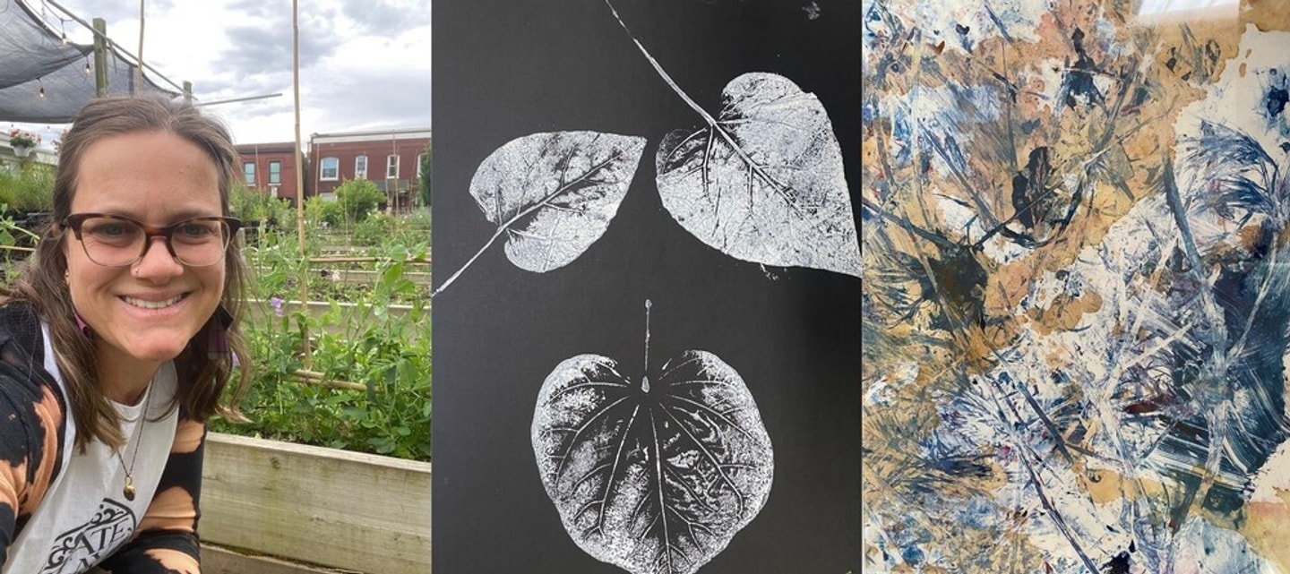Three-panel image featuring a portrait of artist Dominique Begnaud at left, an inverted botanical print of white leaves on a black background in the center, and an abstract botanical print of leaves in blue, tan, and white at right.
