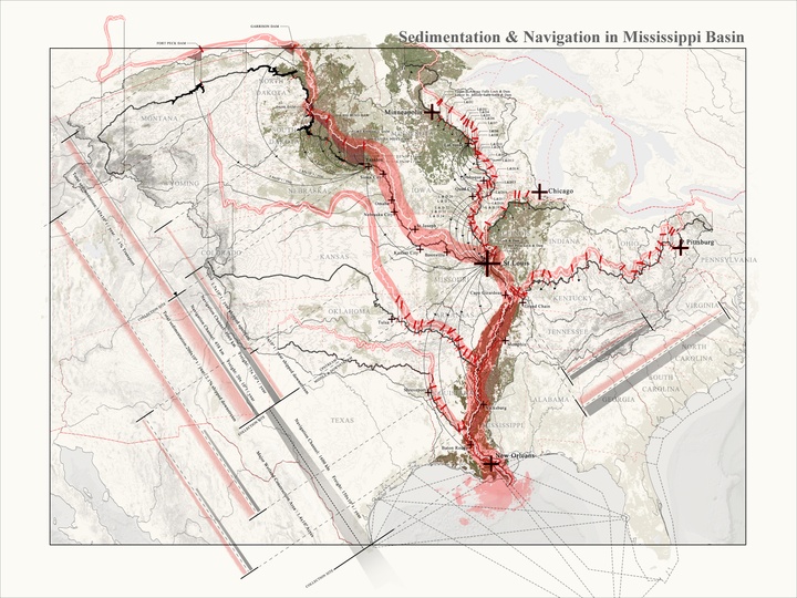 Layered map detailing sedimentation and navigation in the Mississippi River Basin