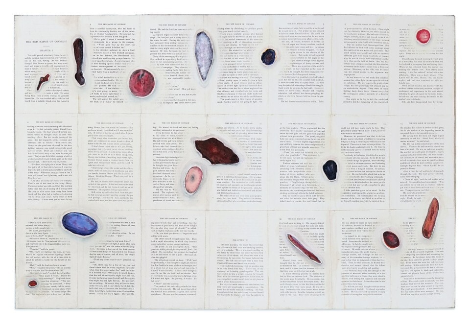 Multicolored and shaded red, blue, and white shapes resembling wounds are painted on text-heavy pages of a book.