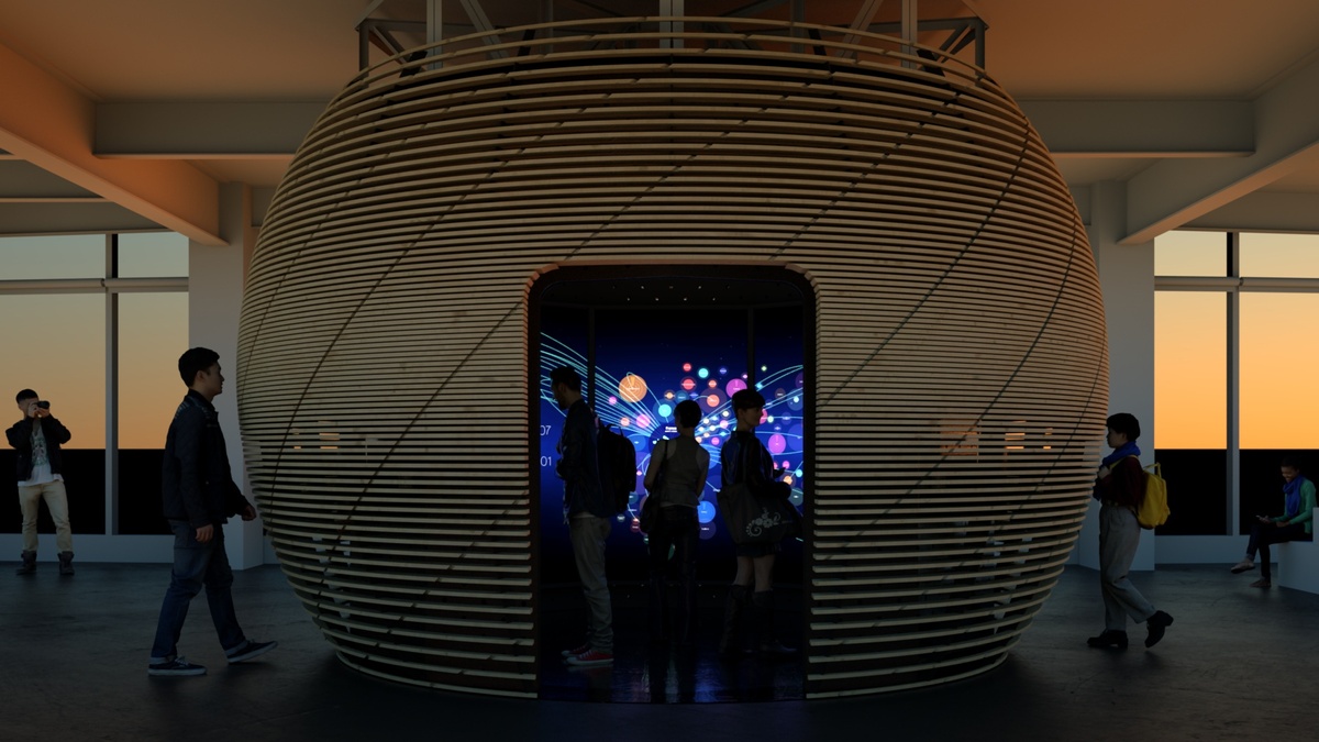 Large domed installation made of horizontal wooden slats that reveals a dark room with colorful and interactive data visualization