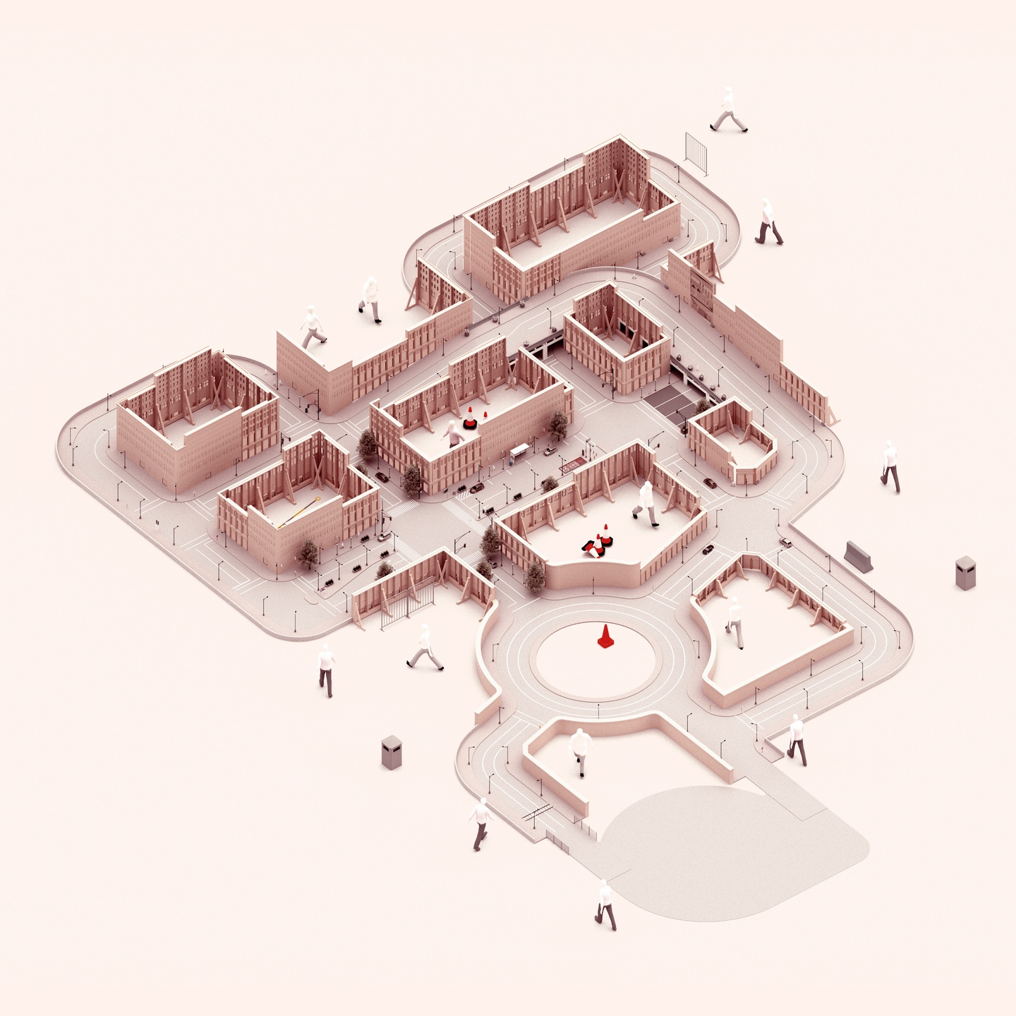 Architectural model showing roads/driving paths around several building structures.