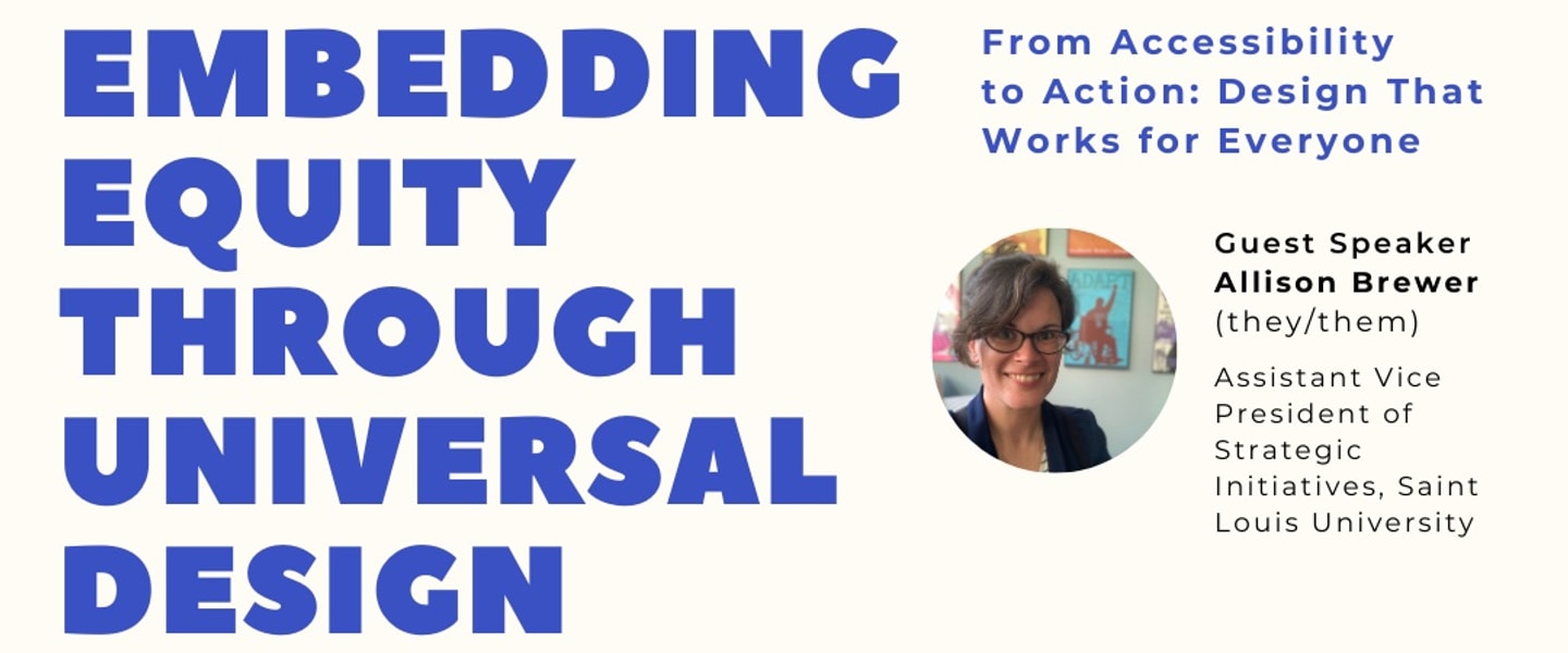 White background with blue text that reads Embedding Equity Through University Design. There is also a photo of the guest speaker.