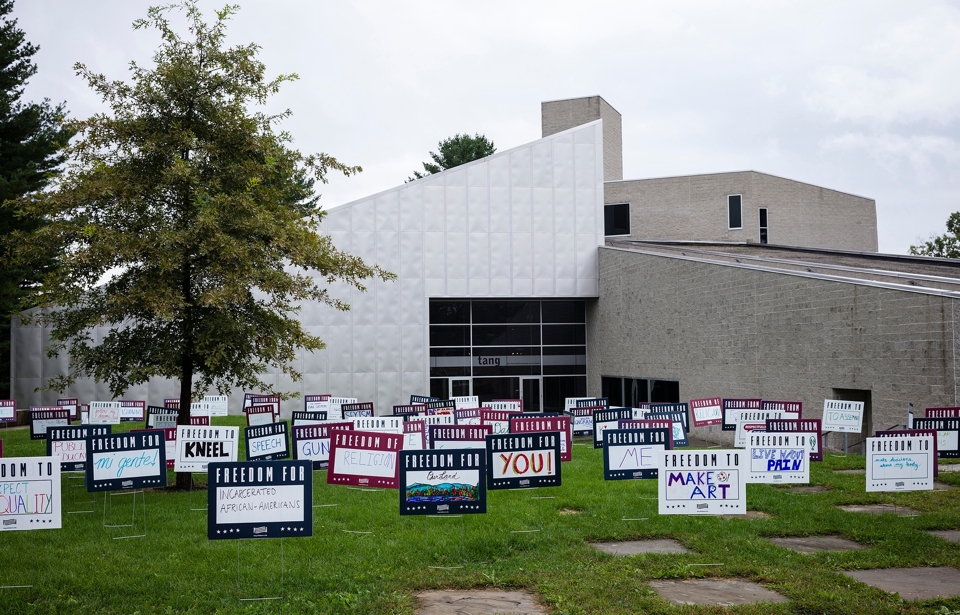 Numerous signs that say "Freedom for ___", "Freedom From ____", and "Freedom of ____" stuck into a lawn in front of a gray, angular building.
