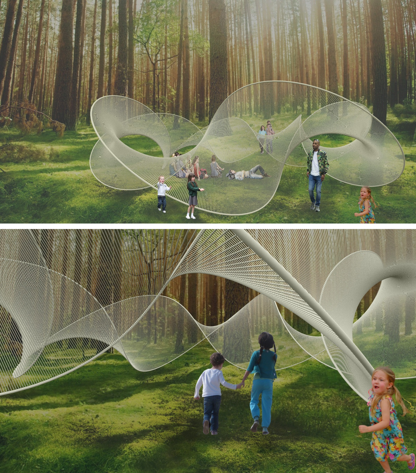 Two renderings of a installation in use