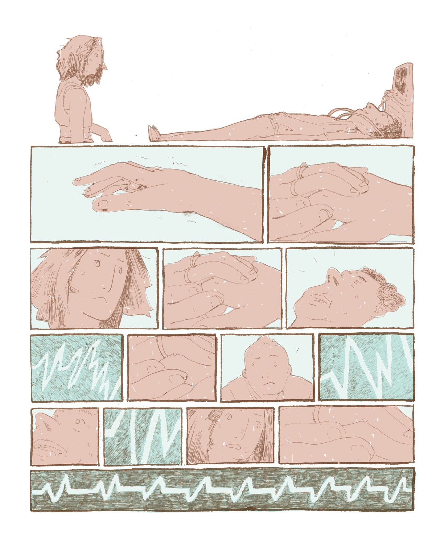 Comic page - the person in a tank top holds hands with the sick person in the ambulance.