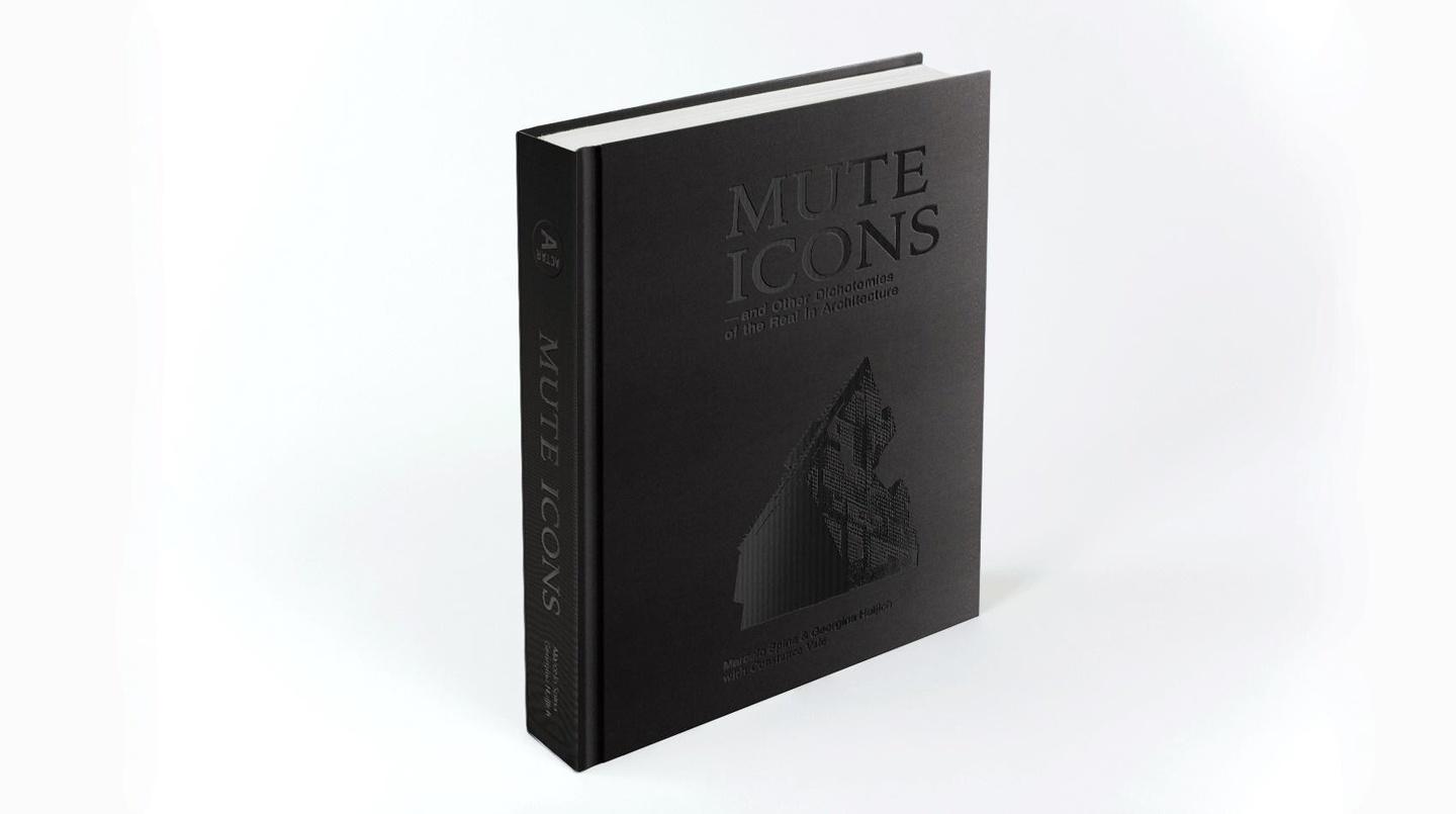Hard-cover version of Mute Icons standing up, with a black embossed cover and spine.