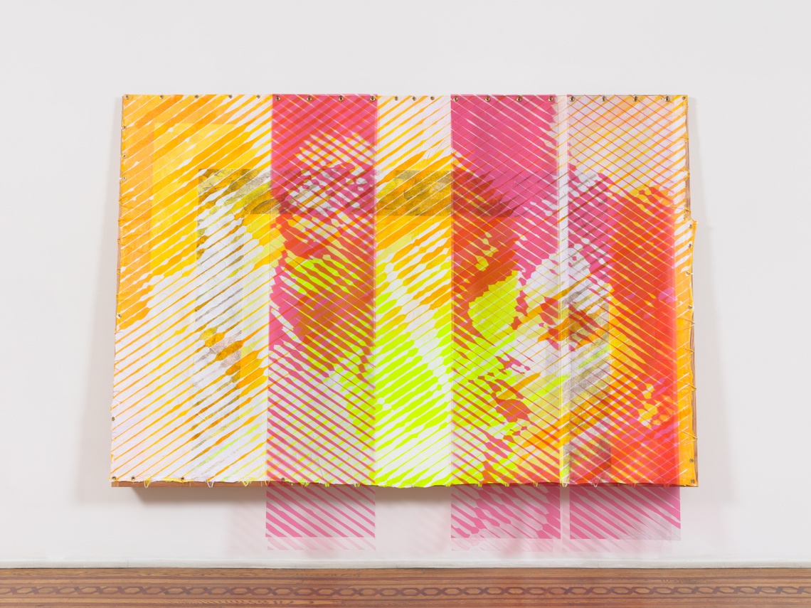 Bright yellow and pink striped canvas with faint facial outlines