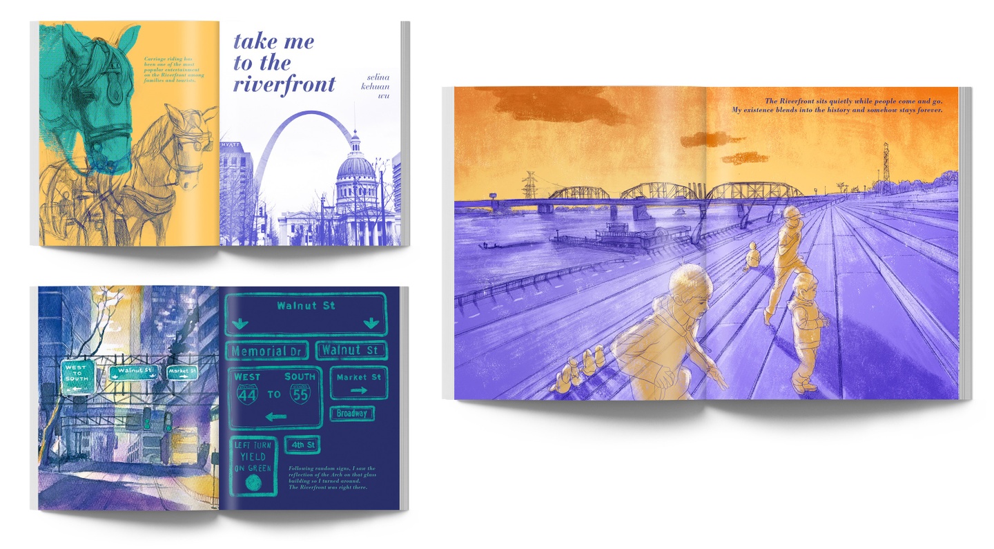 Three illustrated book spreads: first shows St. Louis arch and courthouse with text "take me to the riverfront" and horse on the page; second spread has highway and street signs including Memorial Dr and Walnut street, third spread is a scene of the Mississippi river and Arch ground steps in blue periwinkle with figures and sky in oranges.
