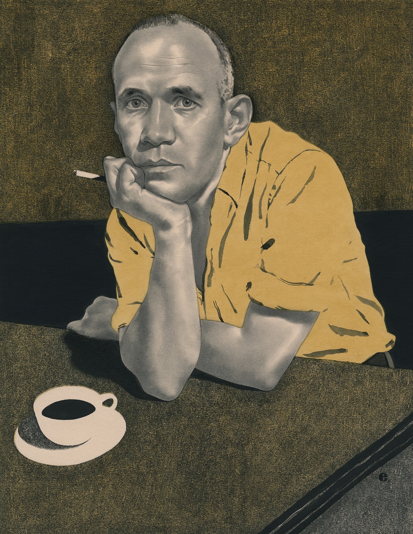 A person wearing a rolled up shirt, cigarette in hand, gazing at the viewer at a table, a cup of coffee placed before them.