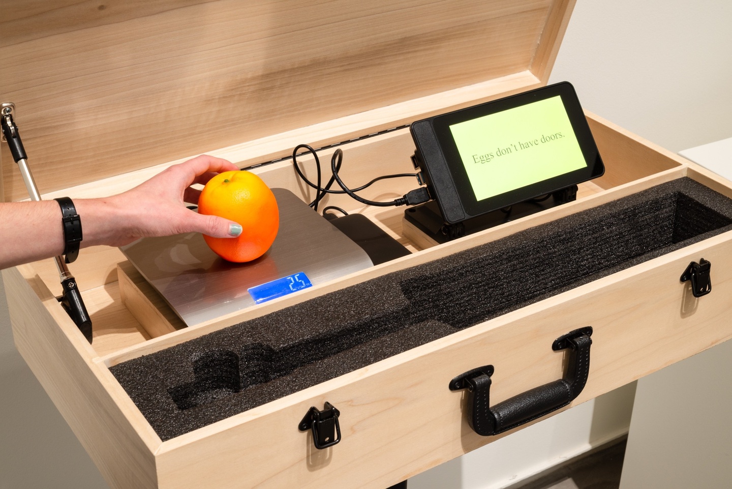 A wooden suitcase with a disembodied hand weighing an orange. On the right a small screen with the words "Eggs don't have doors"