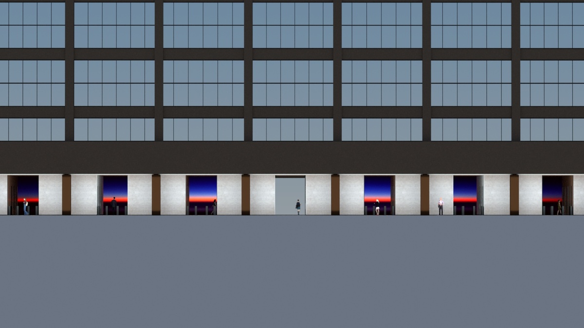 Wide view of six elevators with continuous horizon across all of them