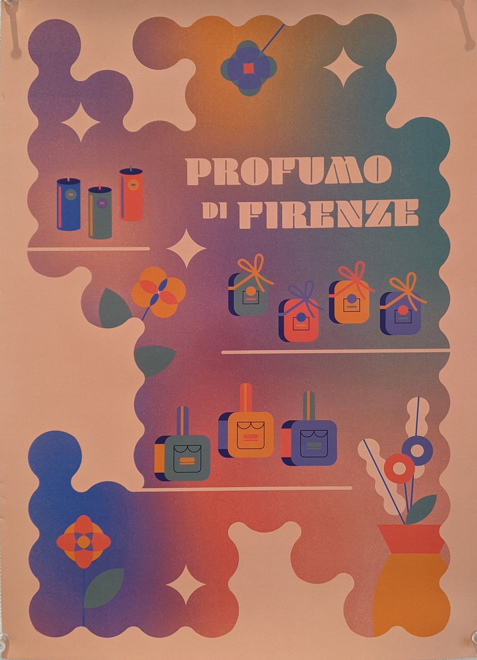 peach colored poster with illustrated perfumes.