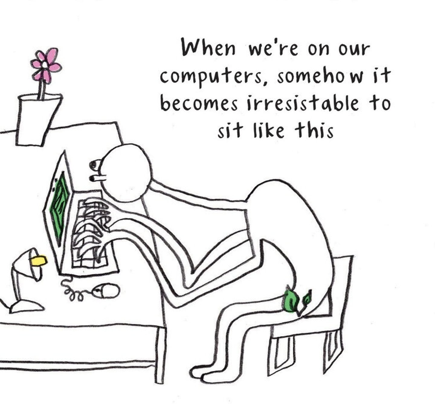 Line drawing of a person hunching over a laptop with unnaturally long neck, arms, and protruding eyeballs.