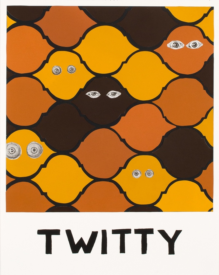 Screen print of floor tile pattern of brown, orange, and yellows, with cartoon eyeballs place on the tiles. The word TWITTY is printed below.