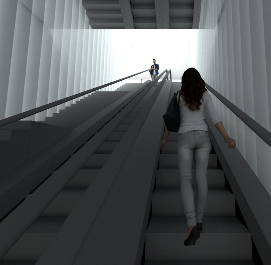 Woman going up escalator with white light at top