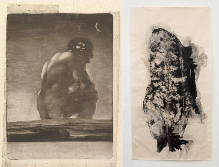 A pair of prints, both on beige-colored background in gray-scale/black tones. The print on the left is an aquatint, depicting a hulking giant seated, his head turned upward, a crescent moon hanging over him. The print on the right is an abstract, vertically oriented shape in darker black, gray, and lighter tones.