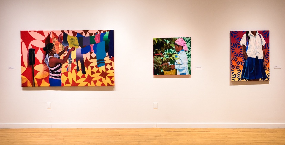 Three brightly colored paintings depicting a person hanging laundry against a red and yellow quilted geometric pattern background; a person in a pink headscarf picking berries from a bush into a basket; the torso of a young person in a school uniform wearing a backpack against a bright red and navy geometric background.