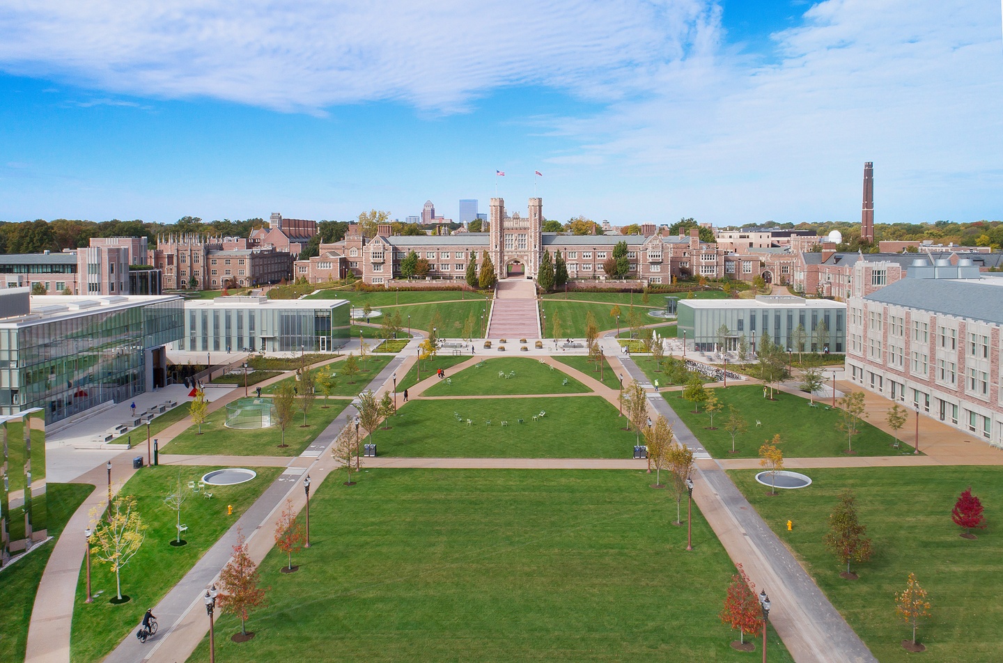 Aerial view of the east end of Washington University's Danforth Campus, with a large green park area in the middle, surrounded by buildings.