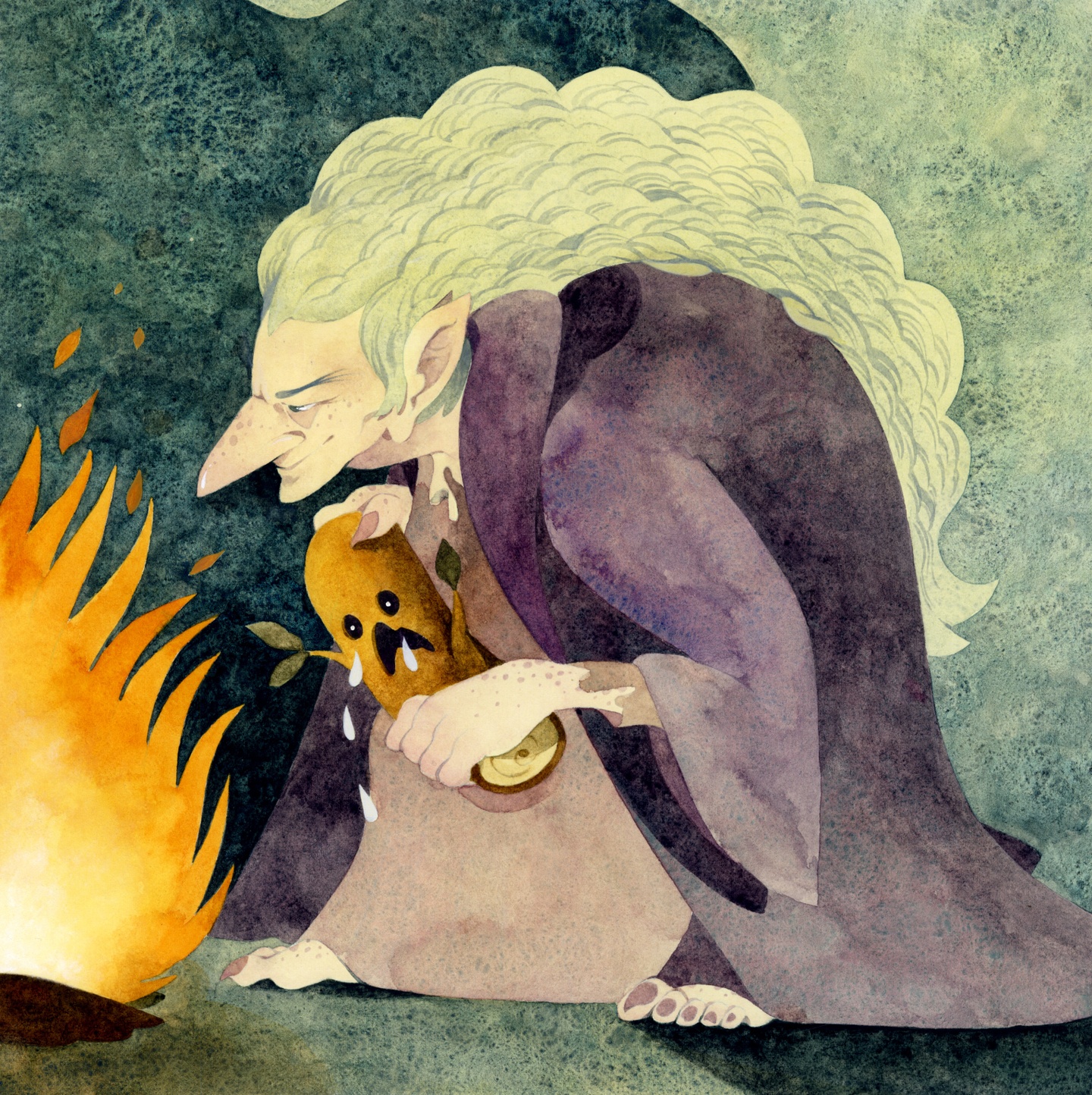Watercolor illustration of a witch putting firewood into fire.