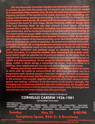 Benefit for the Family of Cornelius Cardew, May 25, 1982  [The Kitchen Posters]