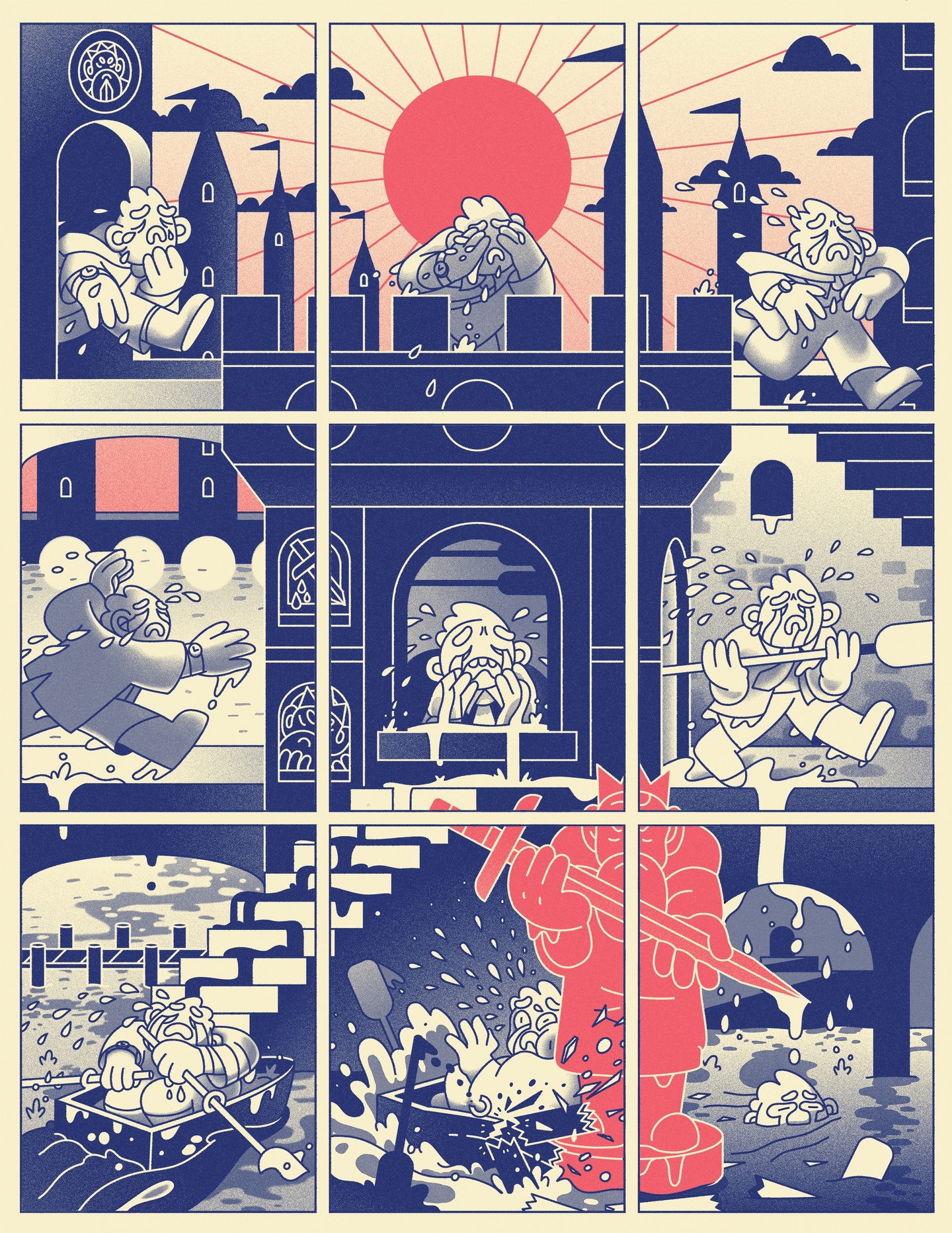 Single page comic in blue and pink depicting a cartoonishly weeping person running all through a castle from the battlements down into the dungeons.
