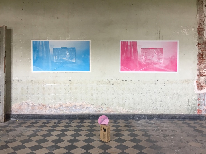Two monochromatic silkscreen prints in blue and pink on an old wall