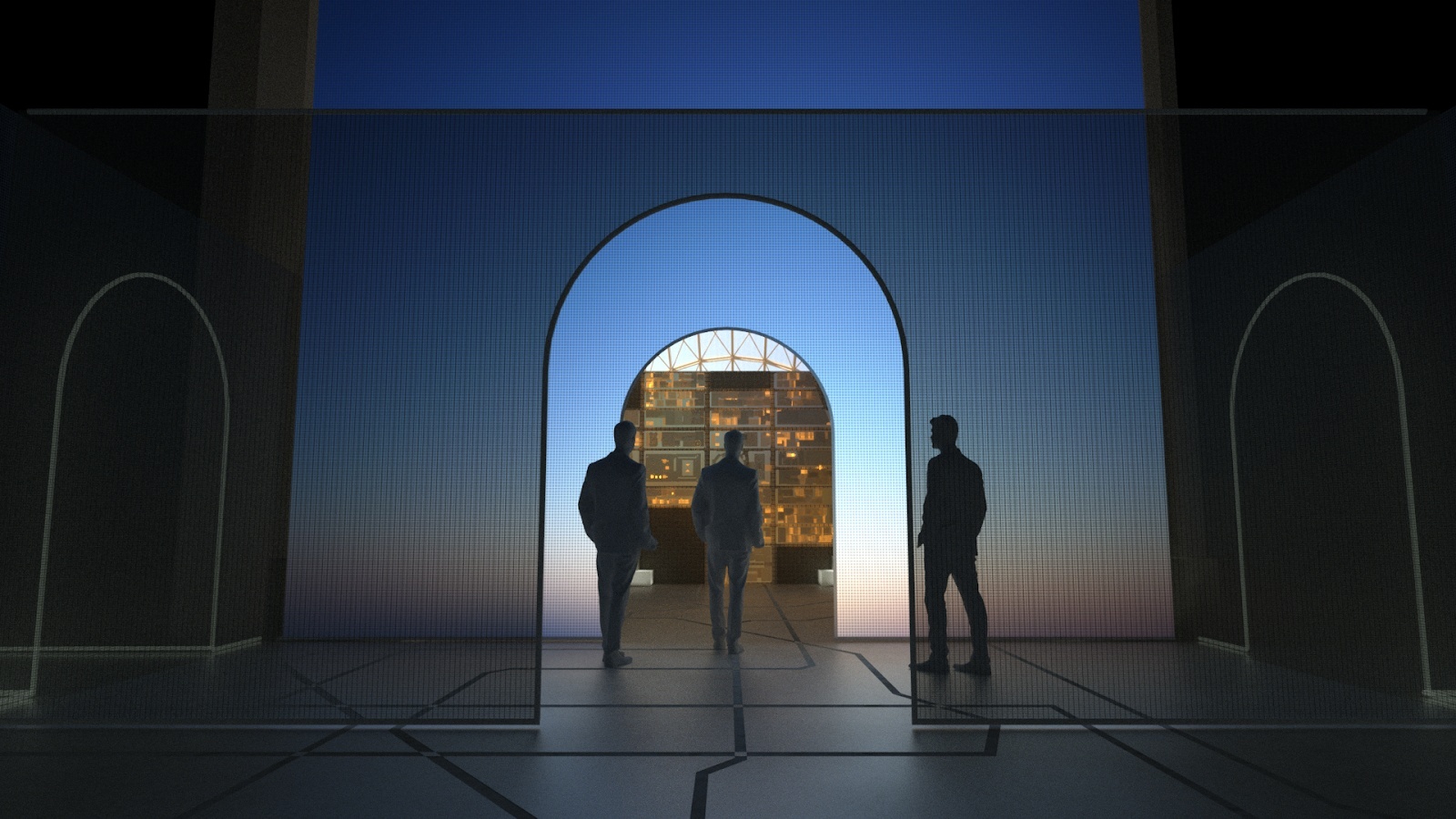 Render of people standing in dark space, with single archway scrim illuminated, with map in background.