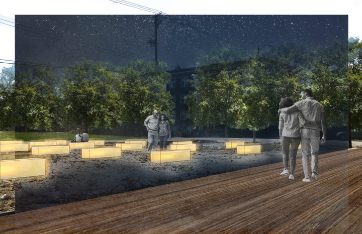 Three pairs of people walk along a path and between lighted boxes. 
