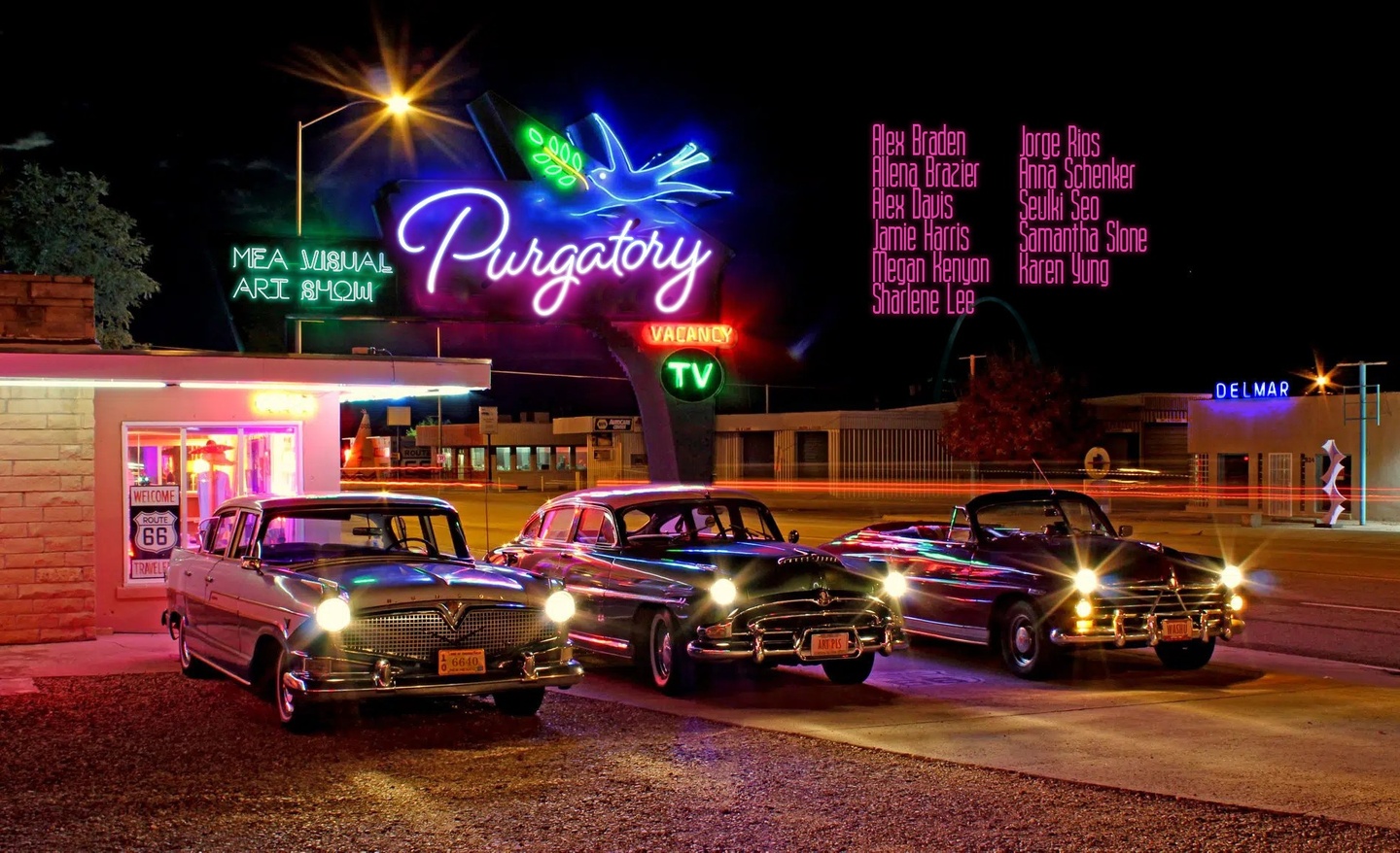 A stylized picture of three vintage sedans parked in front of a motel where the neon sign reads Purgatory, MFA Visual Art Show, and also, Vacancy, TV. A list of artist's names is overlayed on the upper right quadrant.