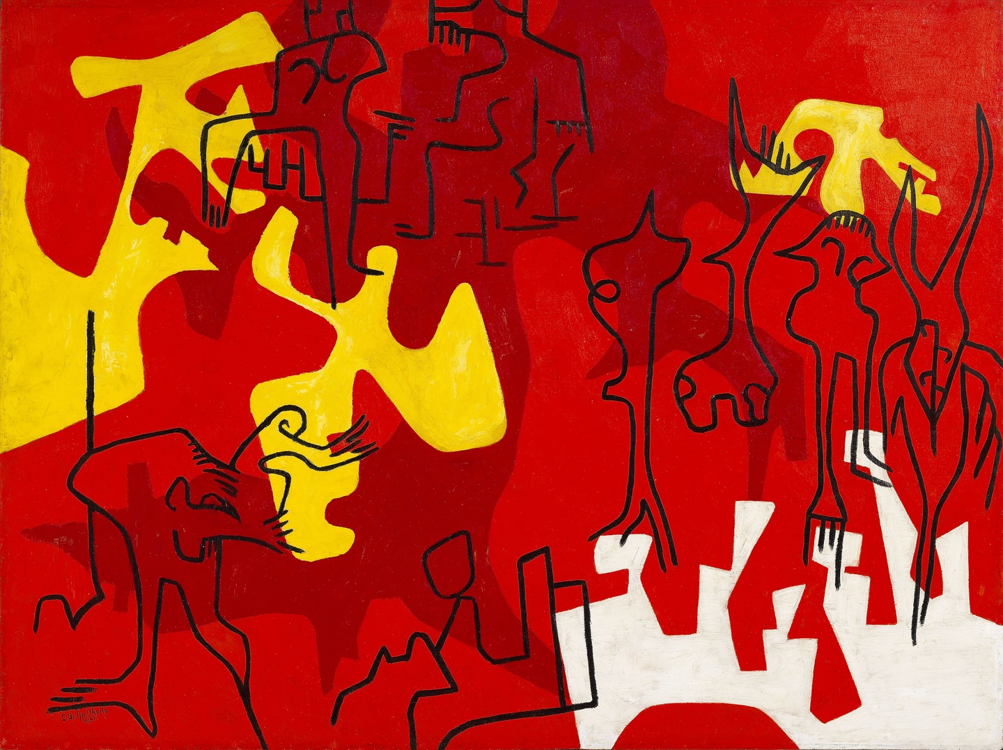An abstract painting of forms in red with black outlines, yellow, and white