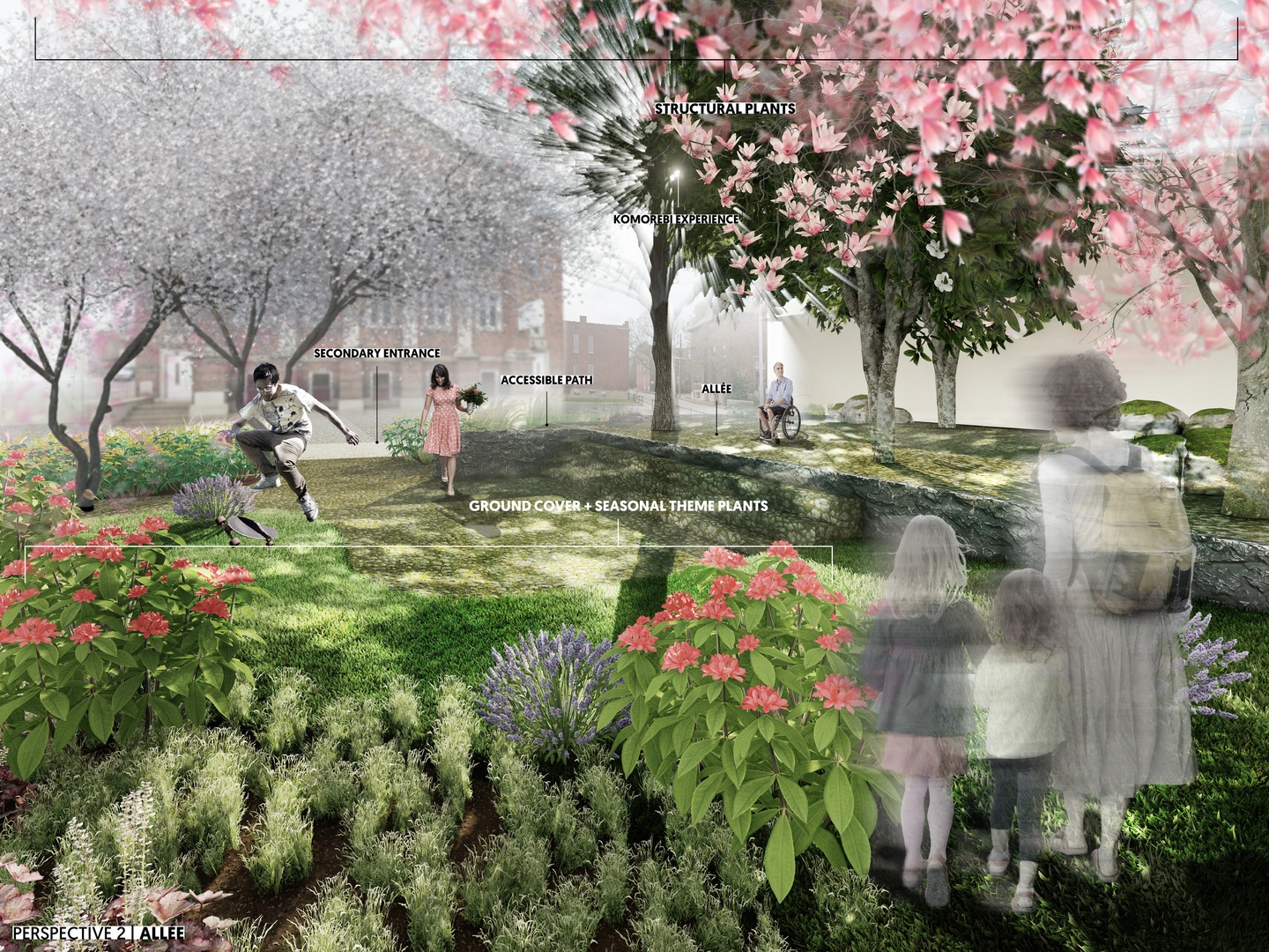 Rendering showing children and adults in a a planted area. 