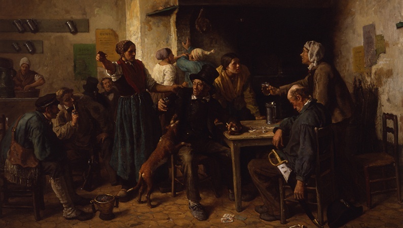 A painting of a crowded interior scene, with people drinking and arguing