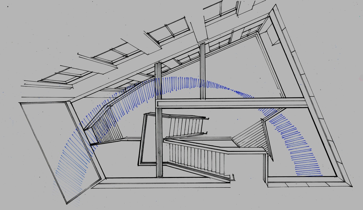 Traditional architectural sketch of sculptural installation (in blue color) in the HQ space from an overhead perspective