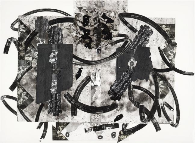 abstract black and white print irregularly shaped with rubber tire pieces and marks