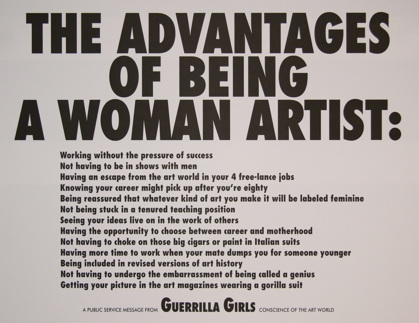 Digital print with a light gray background and black type. The headline reads "The Advantages of Being a Woman Artist" with reasons listed in smaller type underneath. 