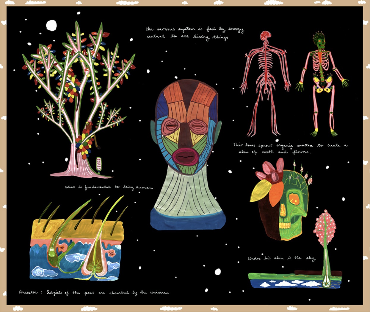 Colorful, anatomical drawings of human bodies combined with plants on a black background.
