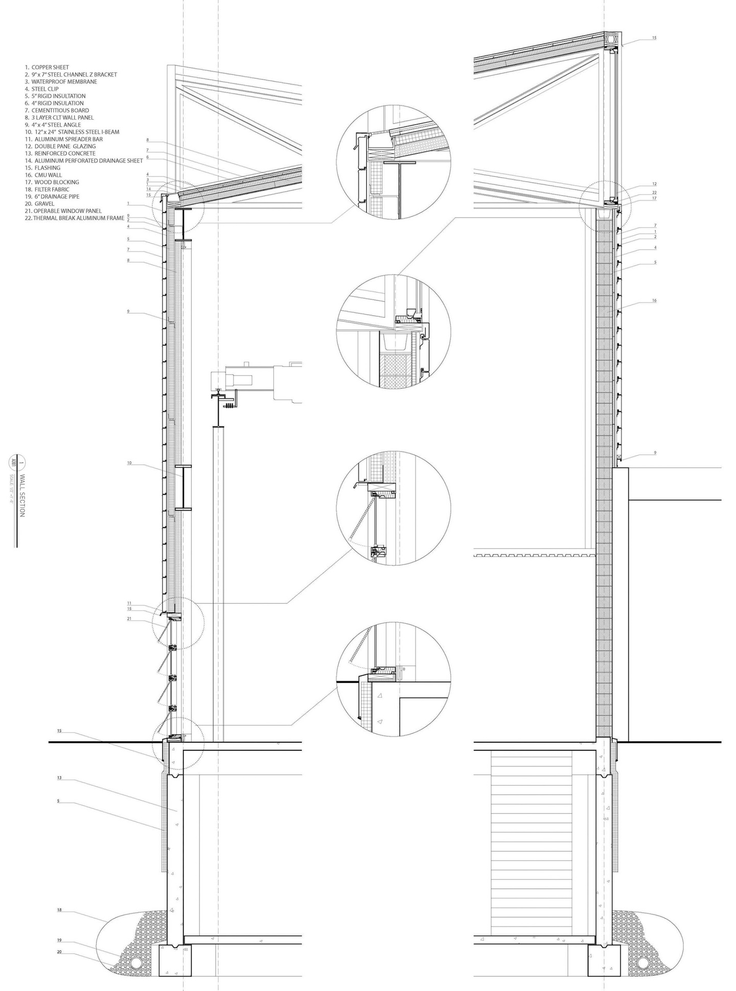 Side view wireframe plan of a building labelled with materials needed 