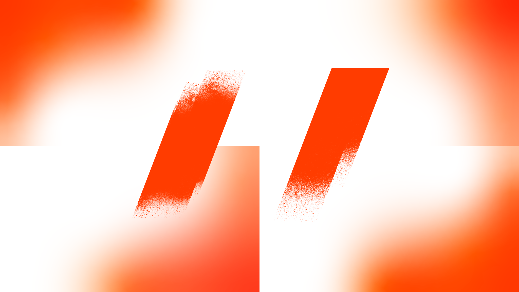 An abstract image of orange, red, and white color gradients. The image is divided into four rectangles that form one large rectangular composition. At the center are two vertical parallelograms, leaning to the right.