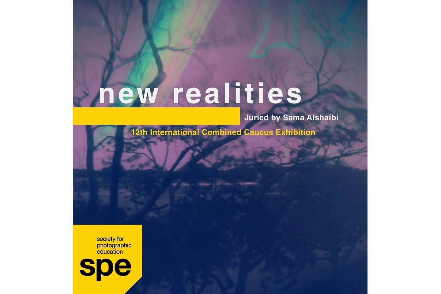 Purple and dark blue silhouette of trees with the words "new realities" and the SPE logo in the corner