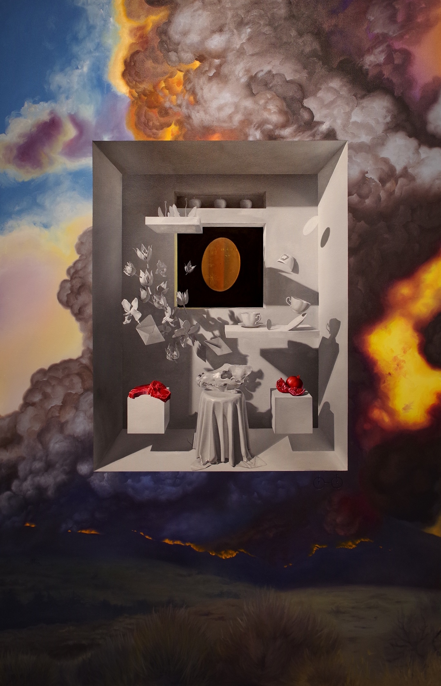 A large oil painting depicting a cloudy fiery landscape. In the center a greyscale 3D room with floating objects and a red piece of meat and pomegranate