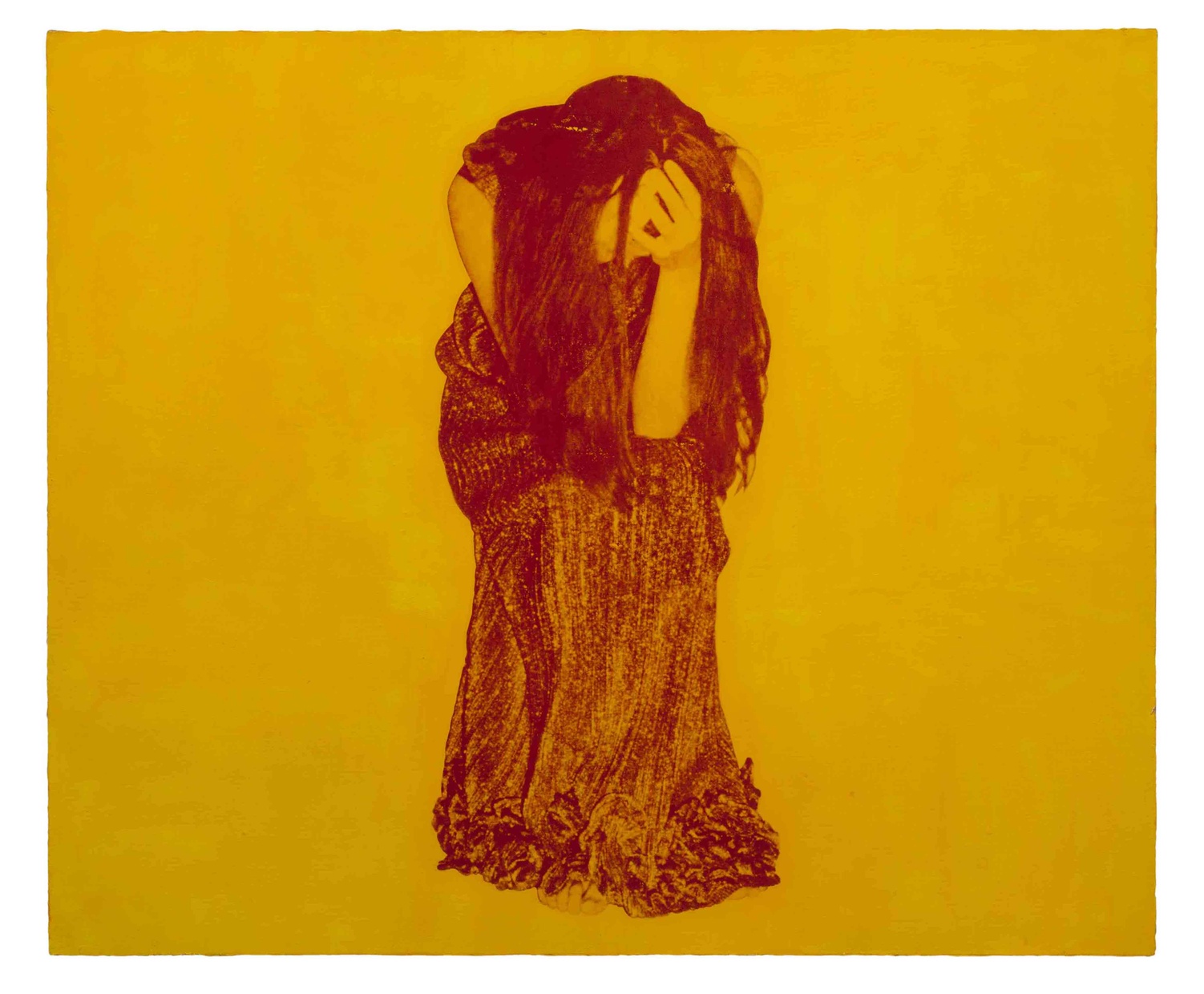 A red, hunched, female figure on a yellow background.