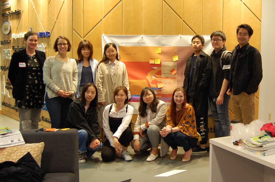A group of people pose in front of a poster.