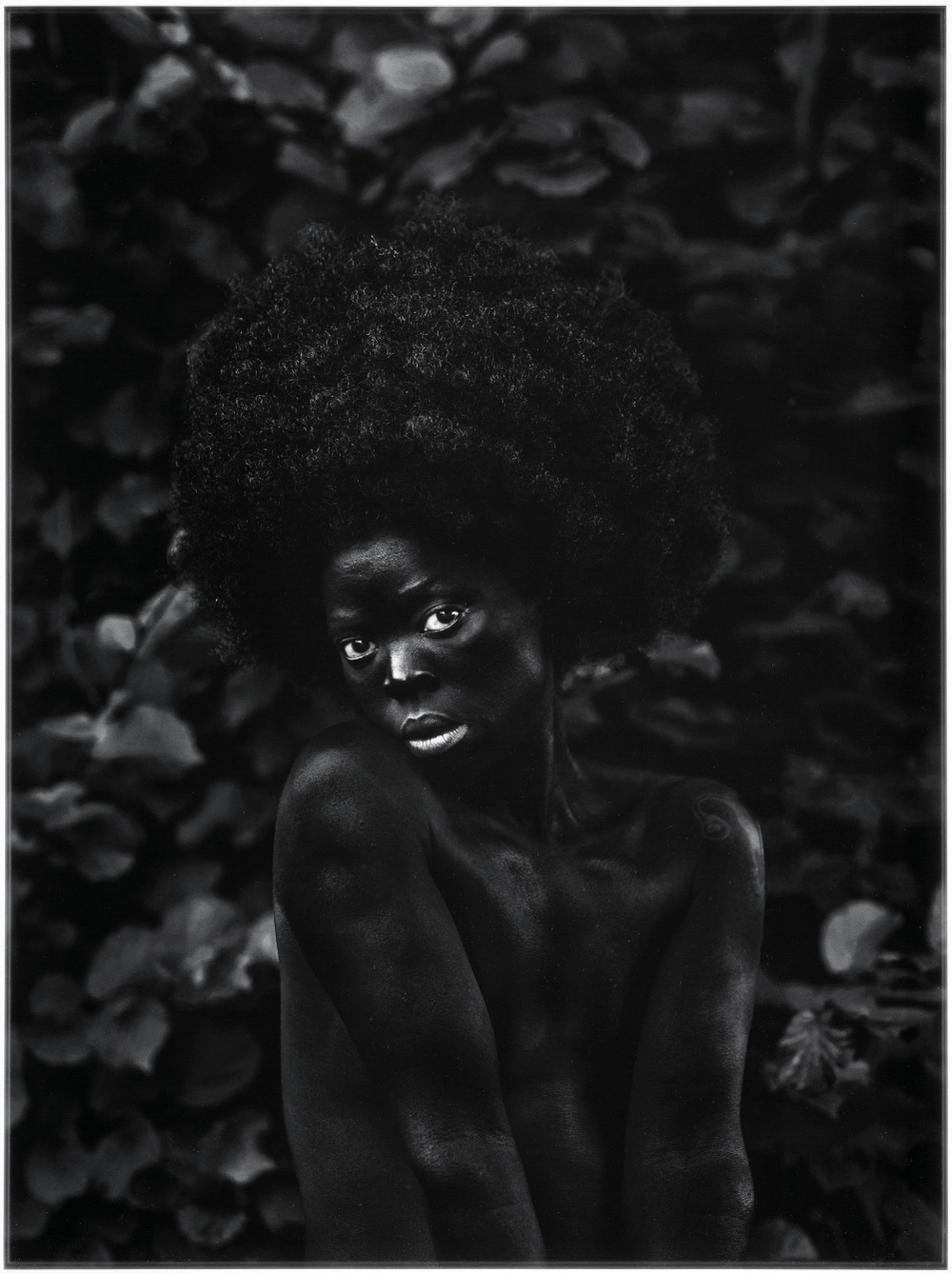 A black and white photograph of a black woman with her head turned and chin touching her shoulder, she is looking towards the camera. There are leaves in the background.