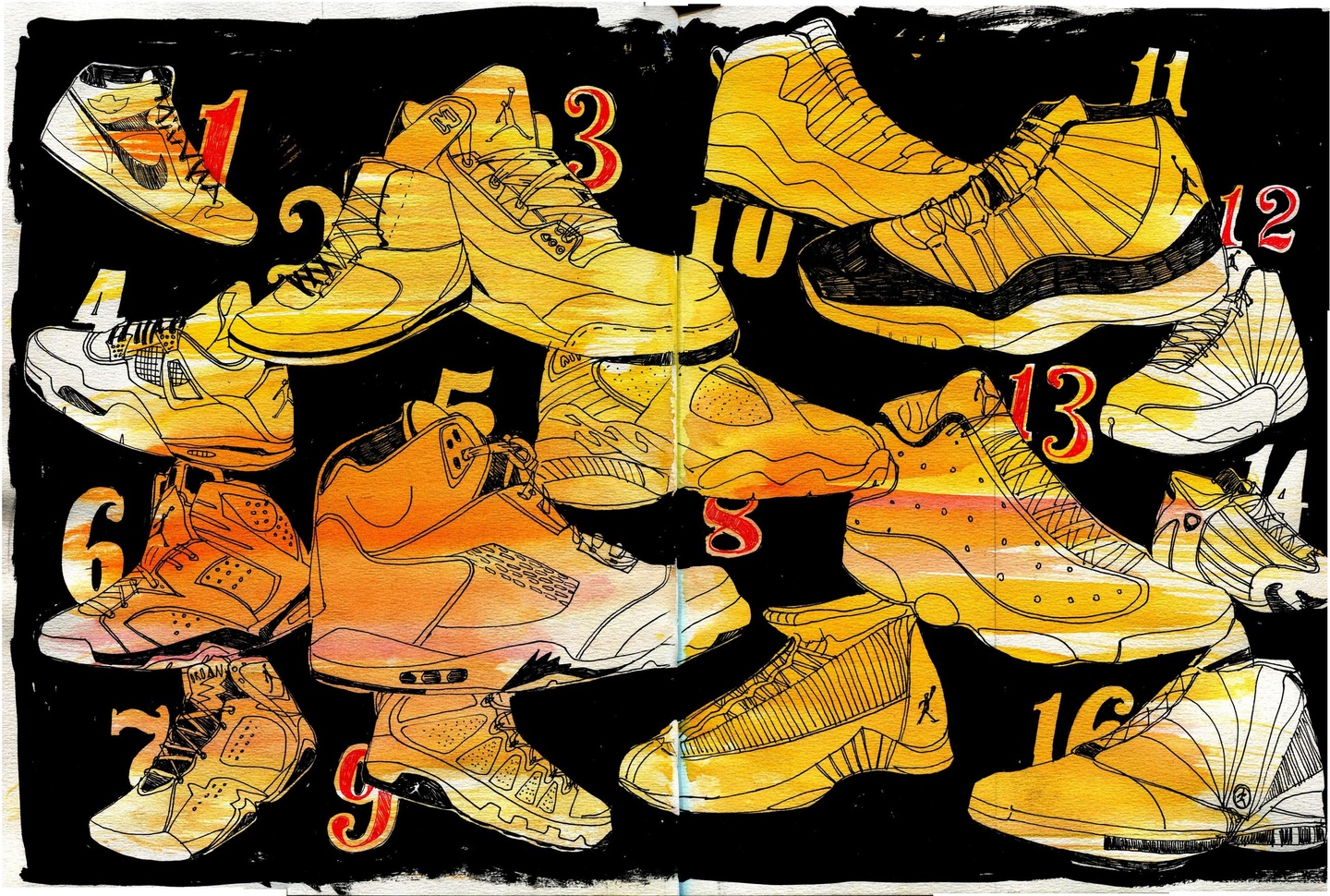 Illustration spread of Air Jordans drawn on black over a yellows and orange on a black background.