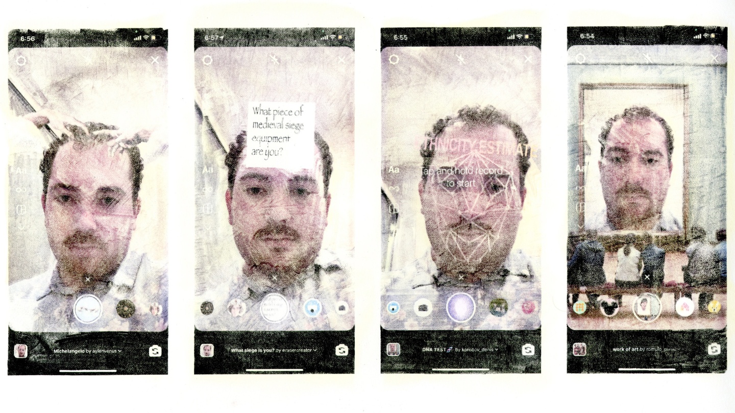 Four-panel artwork image, showing different scene's with the same's person's face, somewhat pixelated, on a cell phone screen. 